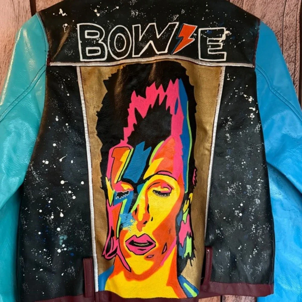 David Bowie‎ Custom Moto Jacket Hand Painted Rock Glam Statement Festival Size M